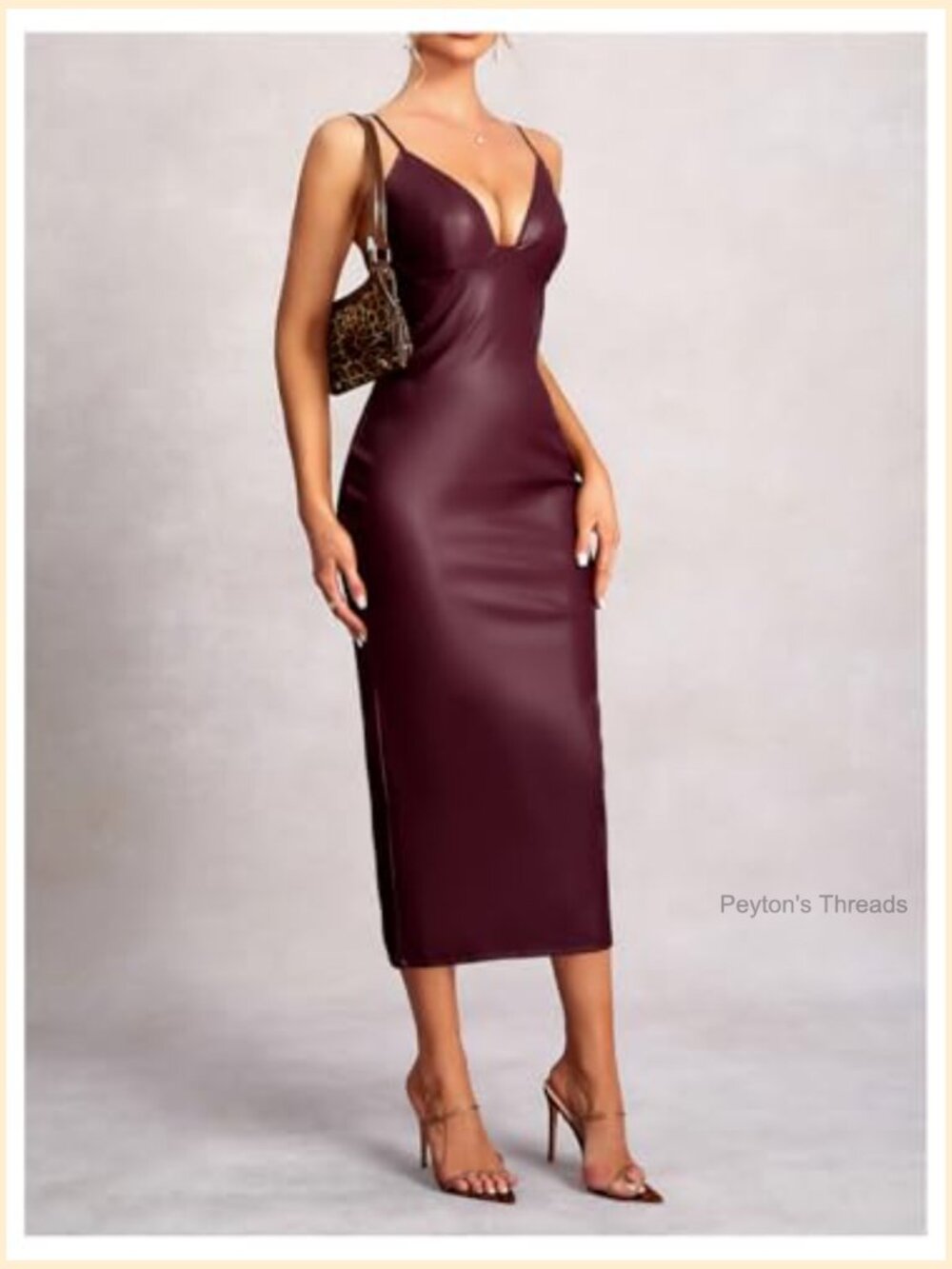 Sleeveless V-Neck Deep V Tie Back Leather Midi Dress for Party - Picture 5 of 6